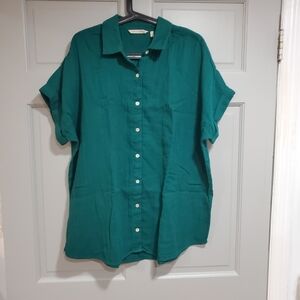 Soft Surrounding Blouse Women Size‎ Large Gauze Green Short Sleeves Button Down